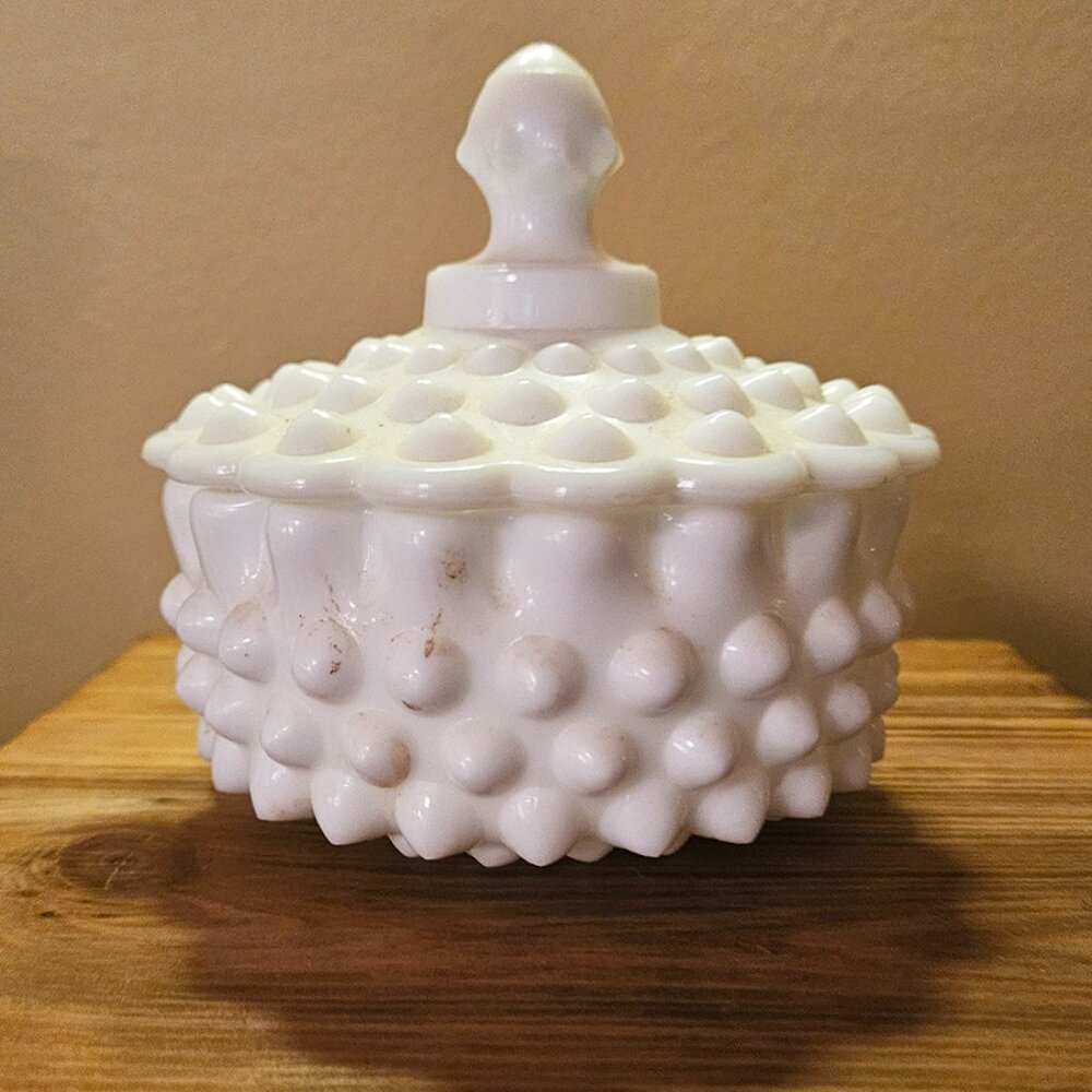 Fenton White Milk Glass Hobnail Candy Dish with Lid